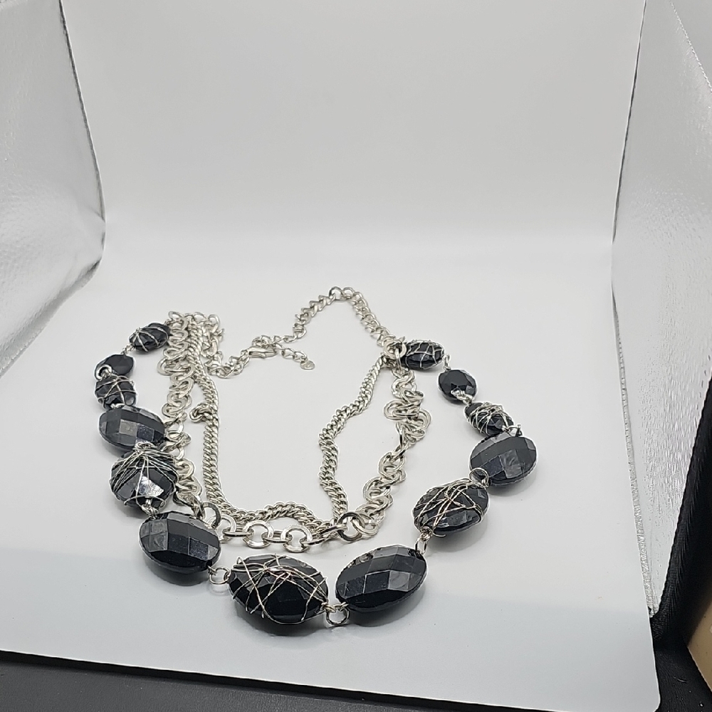 Elegant Vintage Napier 3 Strand Black Beads and Silvertone Chain Necklace
